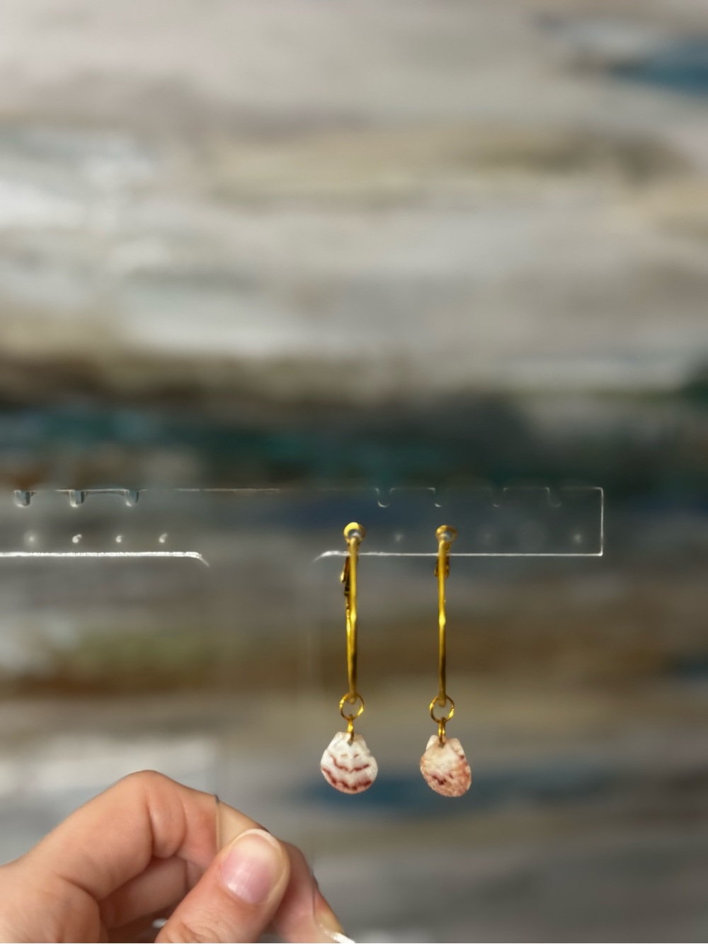 Gold Hoop Earrings with Genuine Pink, Red, Dark Purple, And White Shell Drops